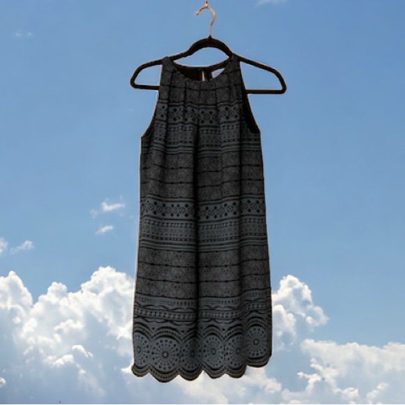 Ann Taylor LOFT Slate Blue & Black Geometric Print Shift Dress w/Scalloped Hem - Picture 15 of 15